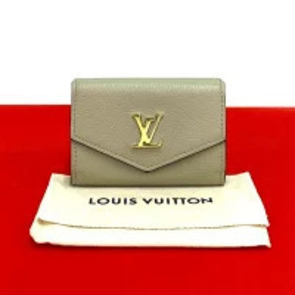 Louis Vuitton Portefeuille Lock Leather Trifold Wallet Greige Gray